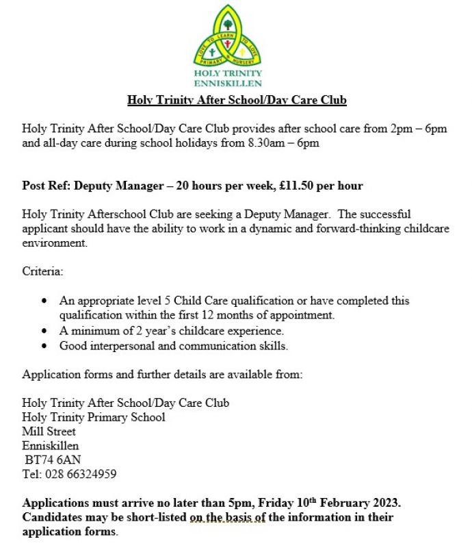 Holy Trinity Afterschool Club are seeking a Deputy Manager